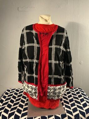 Women’s Black & White Windowpane Cardigan with Red Trim with pants set